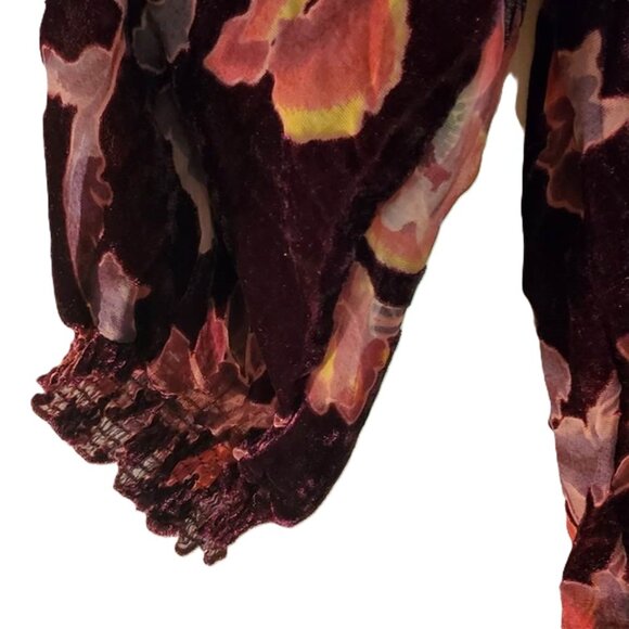 Blouse top velour burnout floral semi-sheer burgundy vine color sz XL - Picture 2 of 5